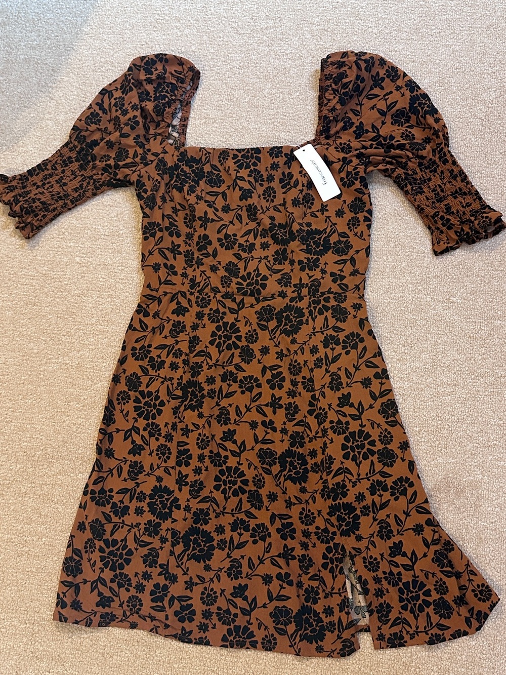 NEW Square Neck Brown Floral Dress with Puff Sleeves Ruched Fall Autumn M